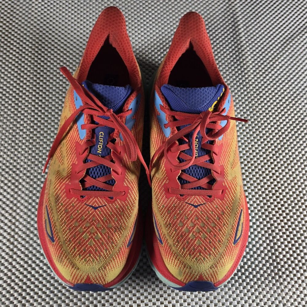 Hoka Clifton 9 Mens 11.5 D Running Shoes Orange Yellow Blue 1127895 CRSCL